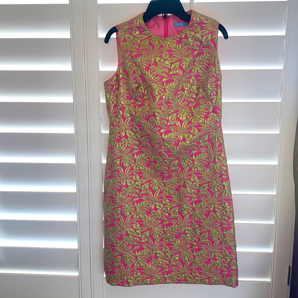 Cocktail dress,Pink and goldish/green metallic flowers. Size 6.